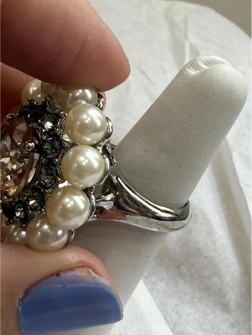 Elegant Pearl and Smoky Crystal Cocktail Ring Size 8.25